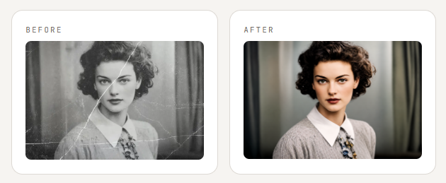 Before and after: a scratched, faded black-and-white portrait restored to a clean, sharp, colorized photo